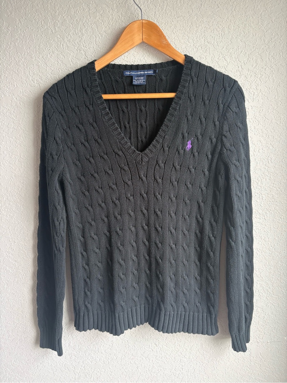 Ralph Lauren Cable Knit V Neck Sweater Black Womens Large